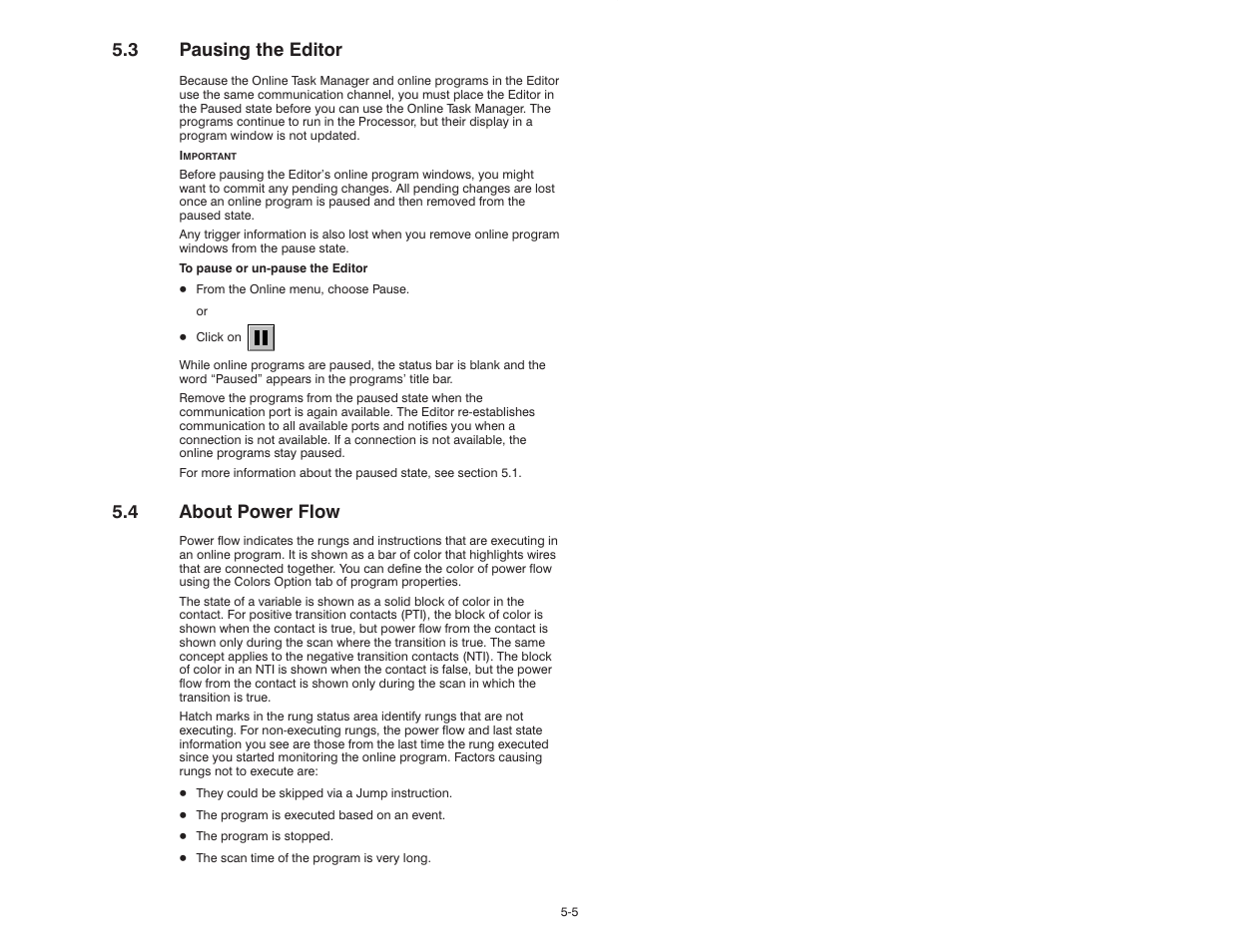 3 pausing the edito, 4 about power flow, 3 pausing the editor | Rockwell Automation AutoMax Enhanced Ladder Editor User Manual | Page 51 / 96