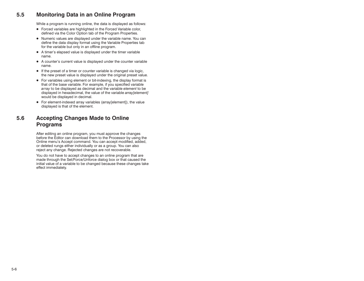 5 monitoring data in an online program, 6 accepting changes made to online programs | Rockwell Automation AutoMax Enhanced Ladder Editor User Manual | Page 52 / 96