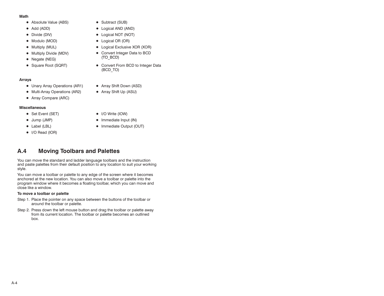 A.4 moving toolbars and palettes | Rockwell Automation AutoMax Enhanced Ladder Editor User Manual | Page 72 / 96