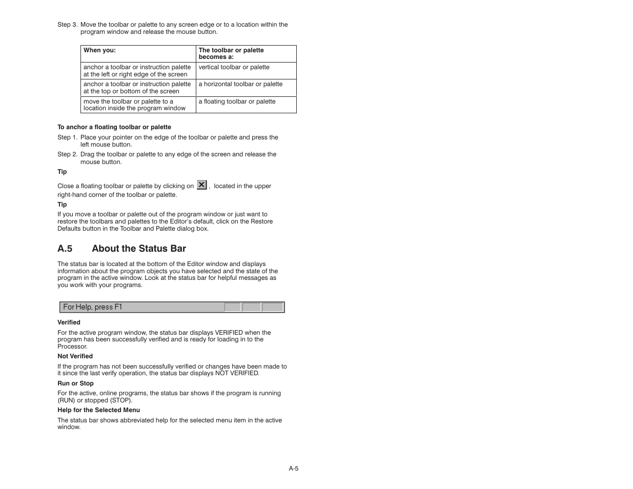 A.5 about the status bar | Rockwell Automation AutoMax Enhanced Ladder Editor User Manual | Page 73 / 96
