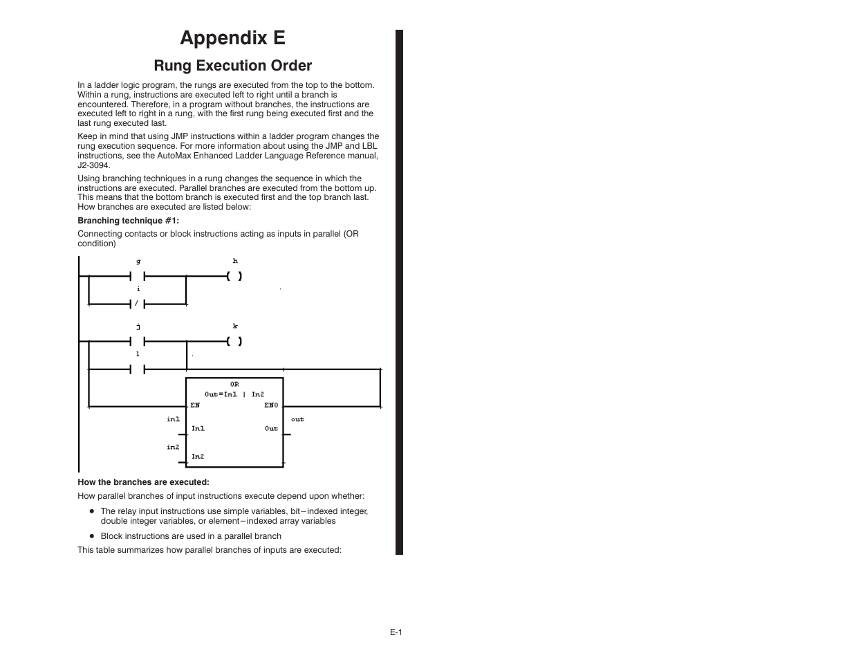 E - rung executing order, Appendix e, Rung execution order | Rockwell Automation AutoMax Enhanced Ladder Editor User Manual | Page 81 / 96