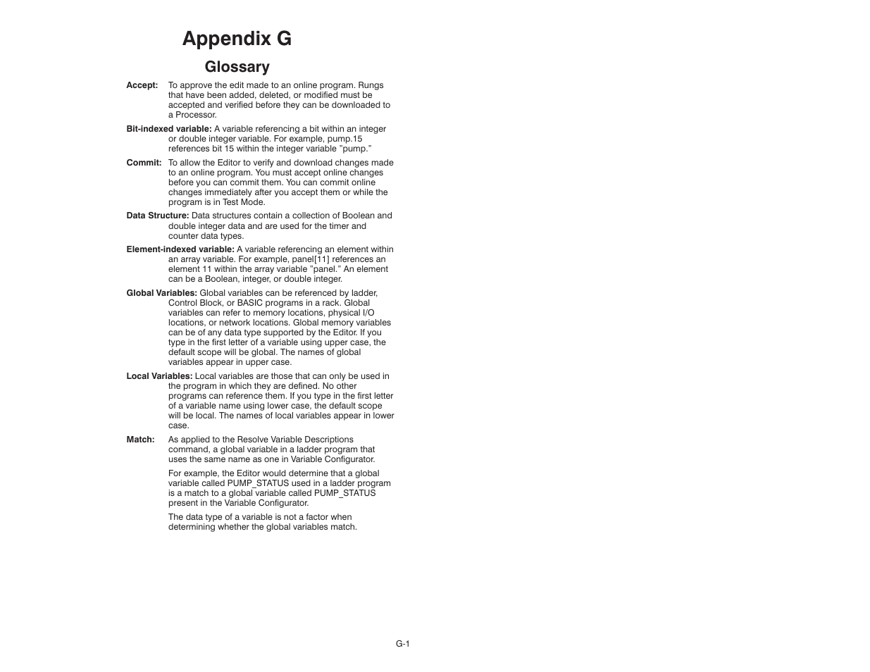 G - glossary, Appendix g, Glossary | Rockwell Automation AutoMax Enhanced Ladder Editor User Manual | Page 89 / 96