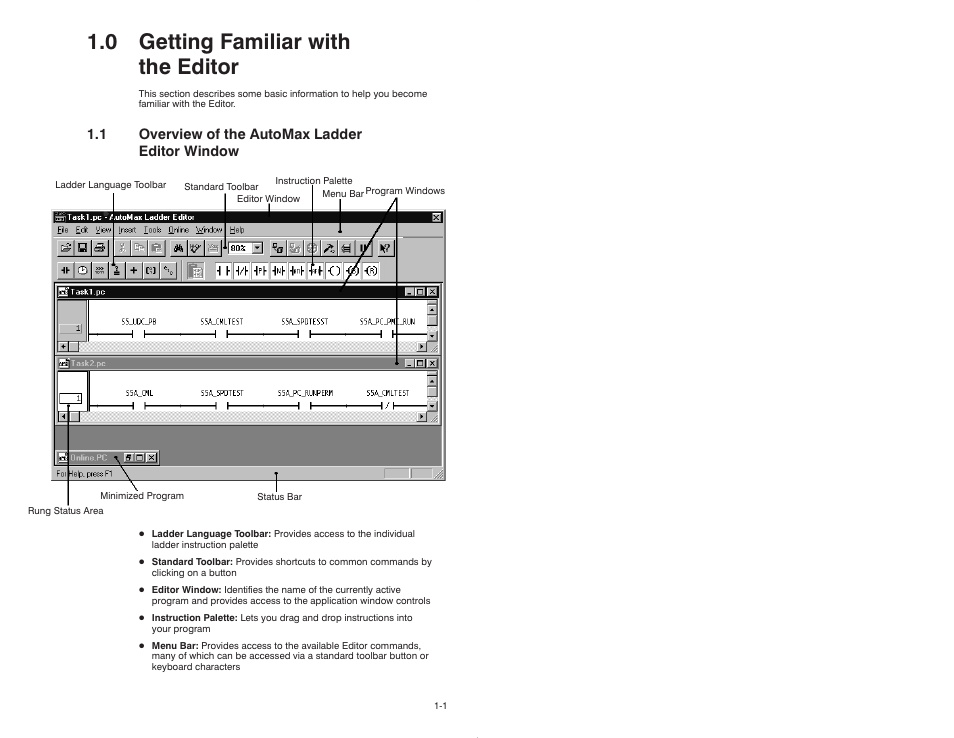 0 - getting familiar with the editor, 1 overview of the automax ladder editor window, 0 getting familiar with the editor | Rockwell Automation AutoMax Enhanced Ladder Editor User Manual | Page 9 / 96