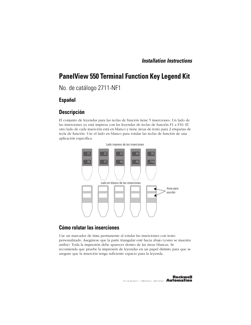 Español, Descripción, Cómo rolutar las inserciones | Panelview 550 terminal function key legend kit, Installation instructions, Español descripción | Rockwell Automation 2711-NF1 Function Key Legend Kit for PanelView 550 Terminals User Manual | Page 11 / 14