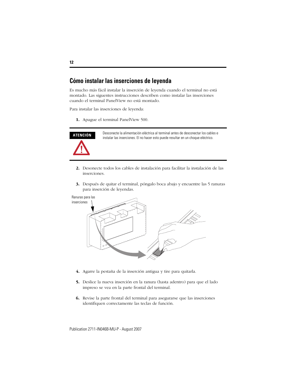 Cómo instalar las inserciones de leyenda | Rockwell Automation 2711-NF1 Function Key Legend Kit for PanelView 550 Terminals User Manual | Page 12 / 14