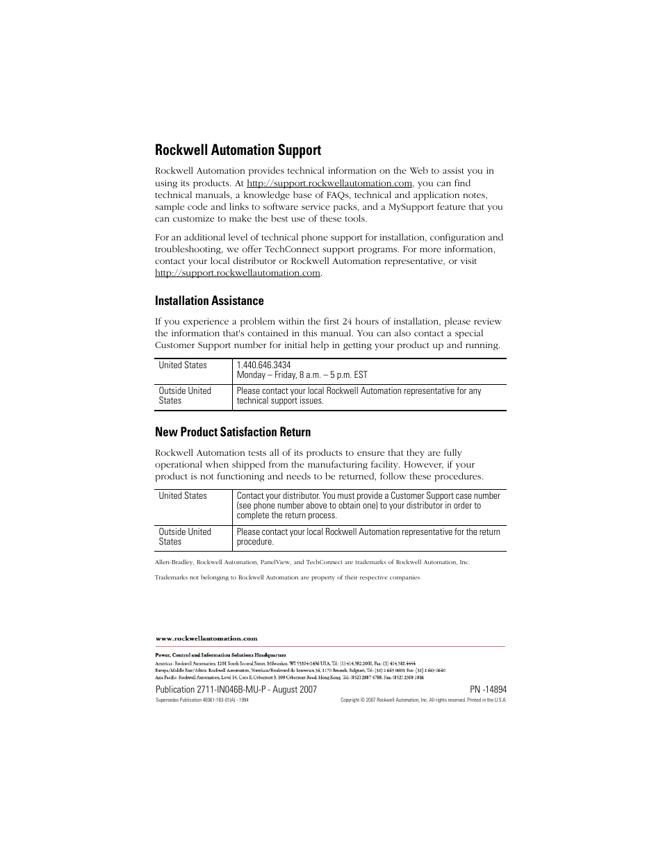 Back cover, Rockwell automation support, Installation assistance | New product satisfaction return | Rockwell Automation 2711-NF1 Function Key Legend Kit for PanelView 550 Terminals User Manual | Page 14 / 14