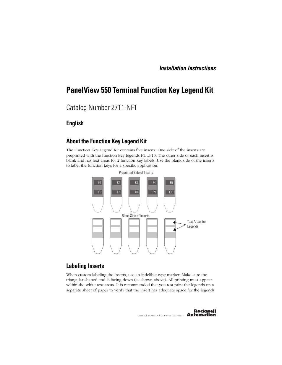 English, About the function key legend kit, Labeling inserts | Panelview 550 terminal function key legend kit, Installation instructions, English about the function key legend kit | Rockwell Automation 2711-NF1 Function Key Legend Kit for PanelView 550 Terminals User Manual | Page 3 / 14