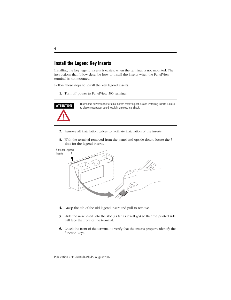 Install the legend key inserts | Rockwell Automation 2711-NF1 Function Key Legend Kit for PanelView 550 Terminals User Manual | Page 4 / 14