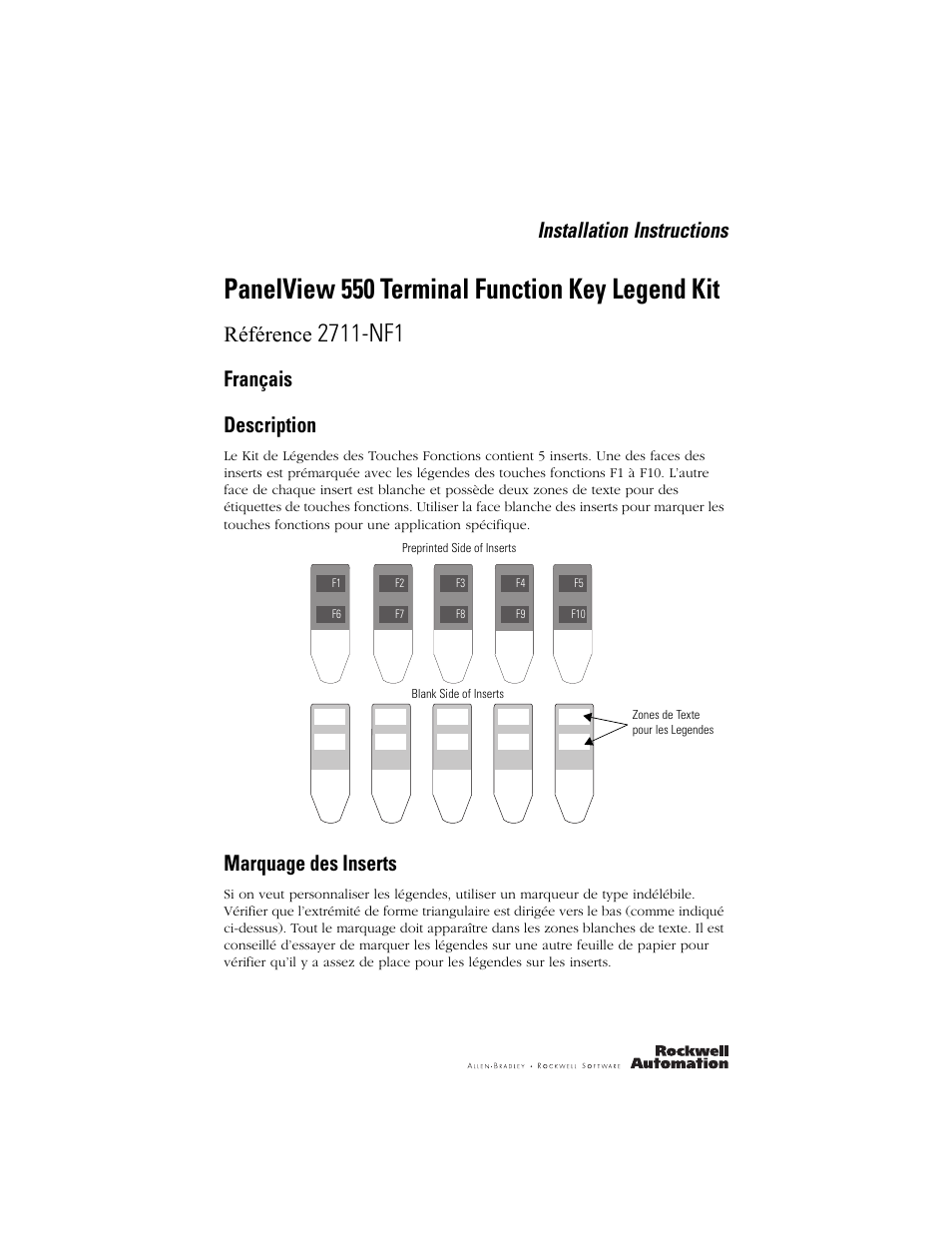 Français, Description, Marquage des inserts | Panelview 550 terminal function key legend kit, Installation instructions, Référence, Français description | Rockwell Automation 2711-NF1 Function Key Legend Kit for PanelView 550 Terminals User Manual | Page 5 / 14