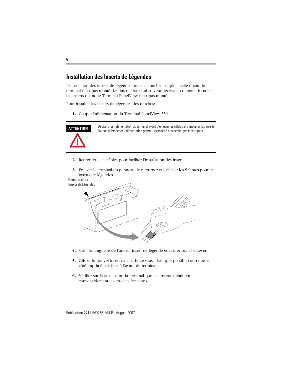 Installation des inserts de légendes | Rockwell Automation 2711-NF1 Function Key Legend Kit for PanelView 550 Terminals User Manual | Page 6 / 14