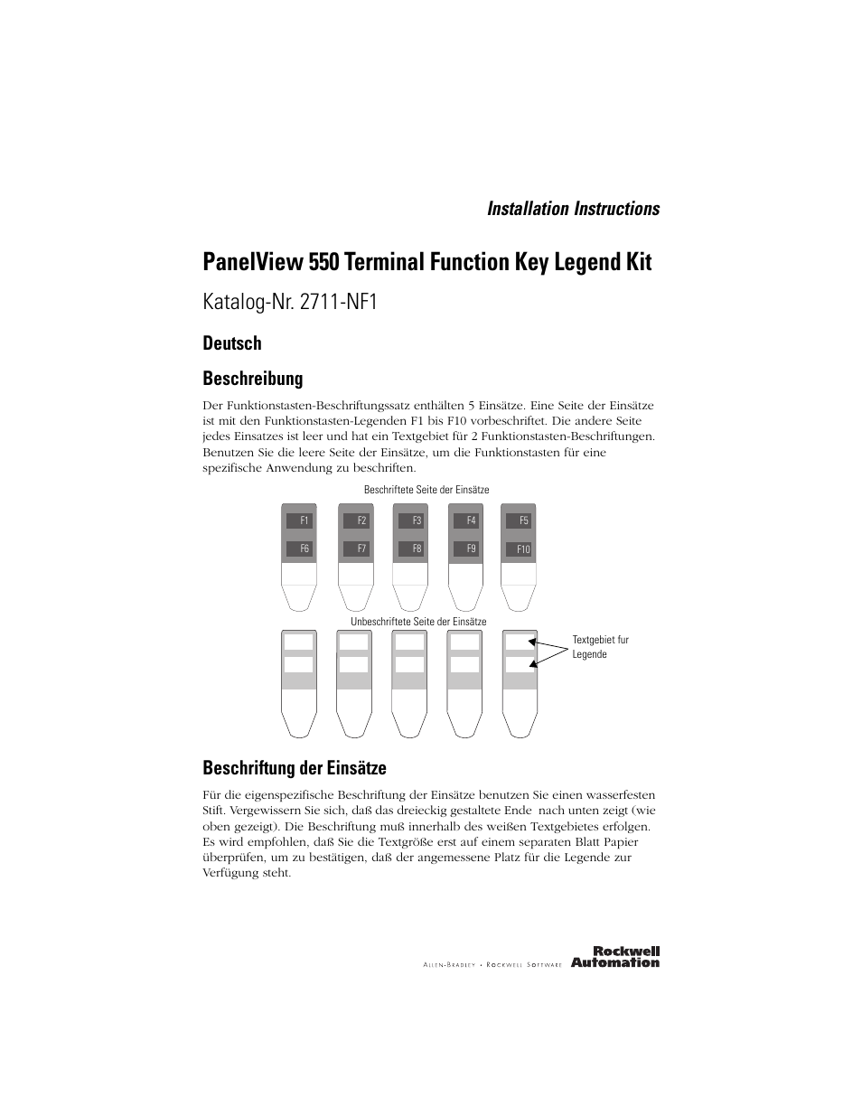 Deutsch, Beschreibung, Beschriftung der einsätze | Panelview 550 terminal function key legend kit, Installation instructions, Deutsch beschreibung | Rockwell Automation 2711-NF1 Function Key Legend Kit for PanelView 550 Terminals User Manual | Page 7 / 14