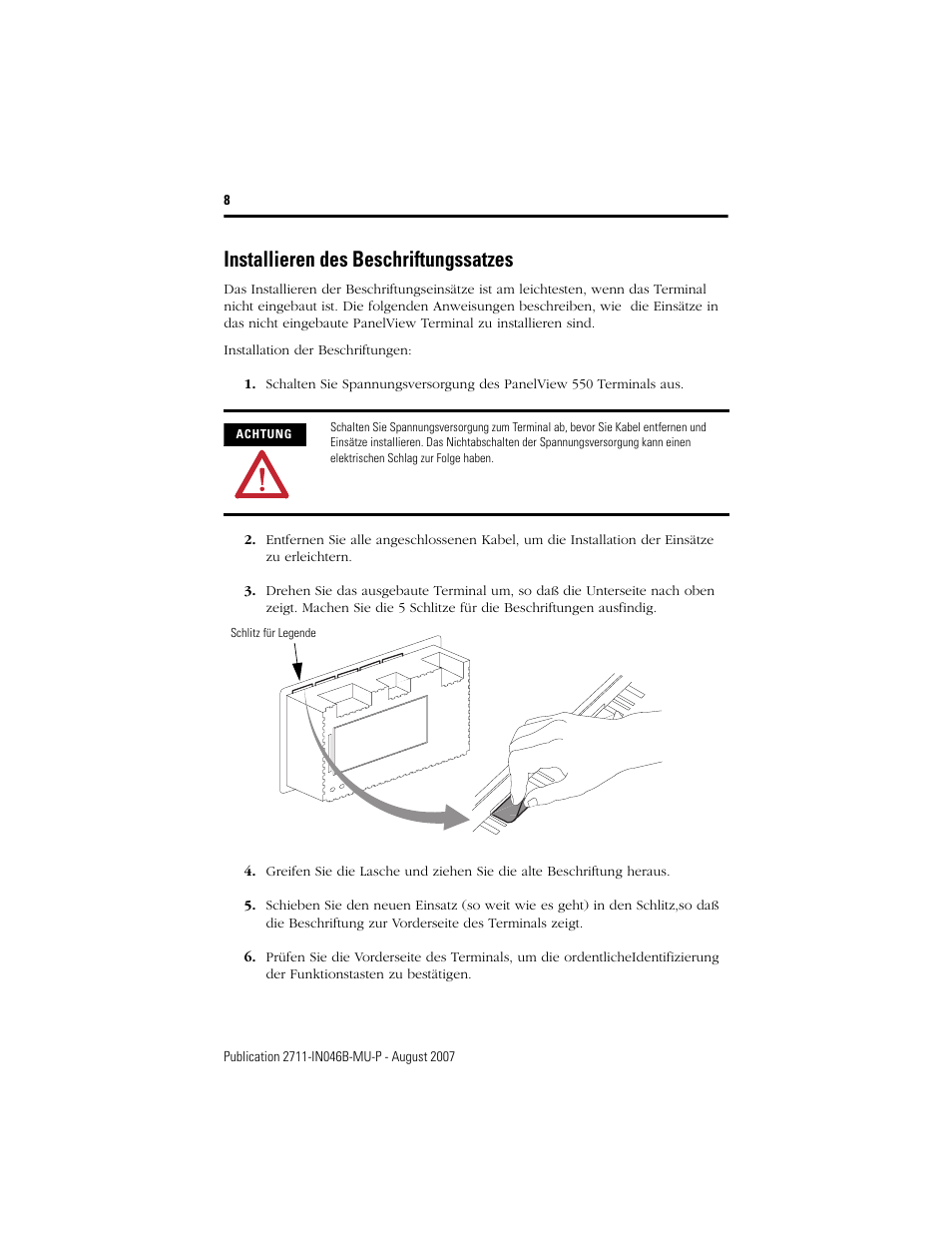 Installieren des beschriftungssatzes | Rockwell Automation 2711-NF1 Function Key Legend Kit for PanelView 550 Terminals User Manual | Page 8 / 14