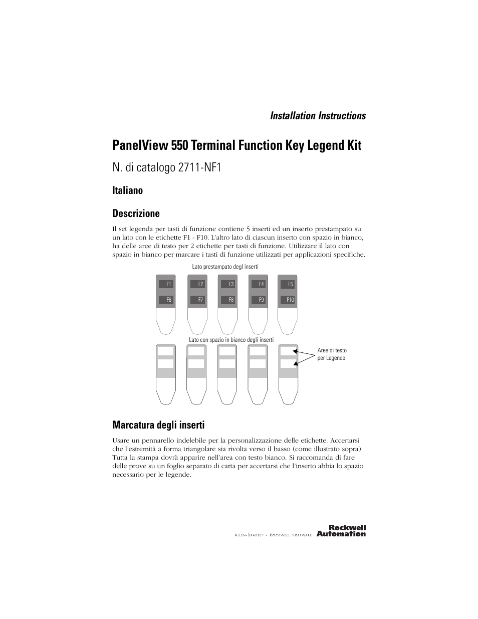 Italiano, Descrizione, Marcatura degli inserti | Panelview 550 terminal function key legend kit, Installation instructions, Italiano descrizione | Rockwell Automation 2711-NF1 Function Key Legend Kit for PanelView 550 Terminals User Manual | Page 9 / 14