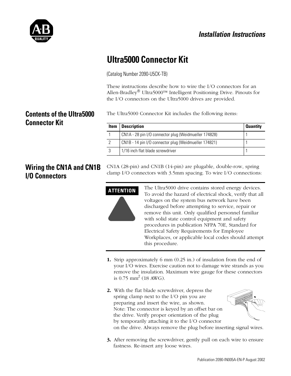 Rockwell Automation 2090-U5CK-TB Ultra5000 Connector Kit Installation Instructions User Manual | 2 pages