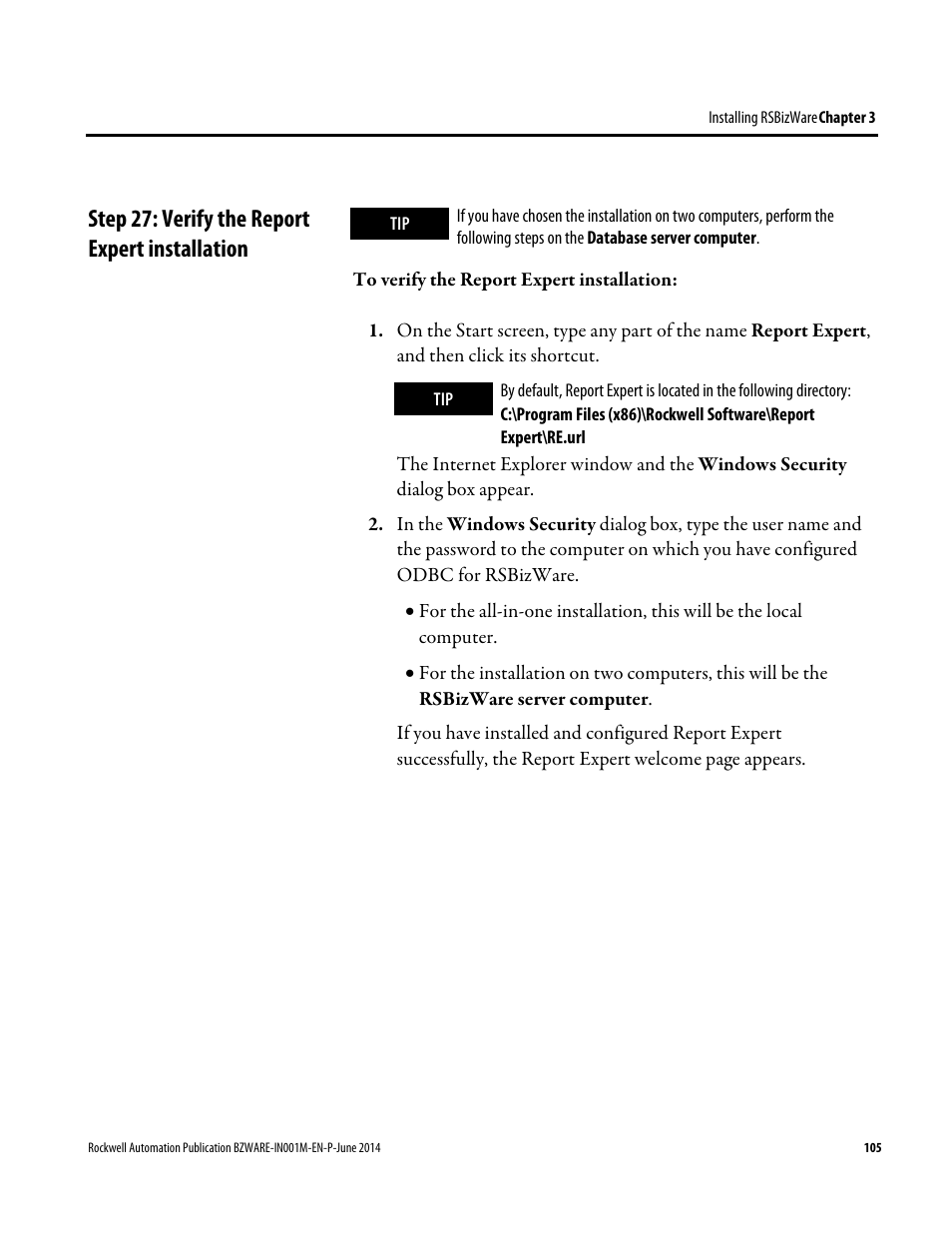 Step 27: verify the report expert installation, E 105) | Rockwell Automation RSBizWare Administration Guide User Manual | Page 105 / 312