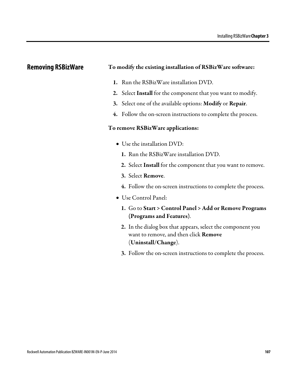 Removing rsbizware | Rockwell Automation RSBizWare Administration Guide User Manual | Page 107 / 312