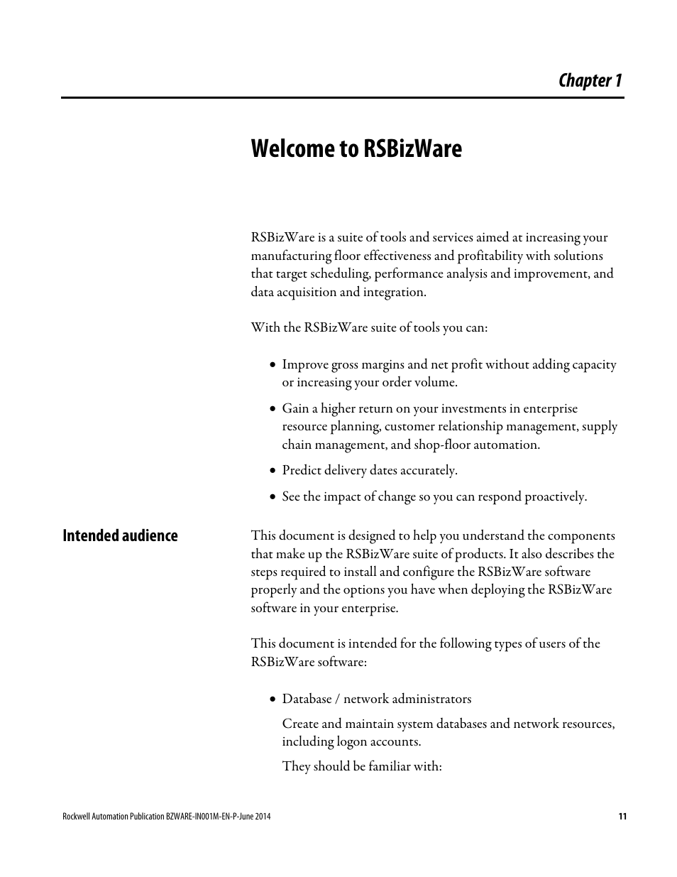 Welcome to rsbizware, Intended audience, Chapter 1 | Rockwell Automation RSBizWare Administration Guide User Manual | Page 11 / 312