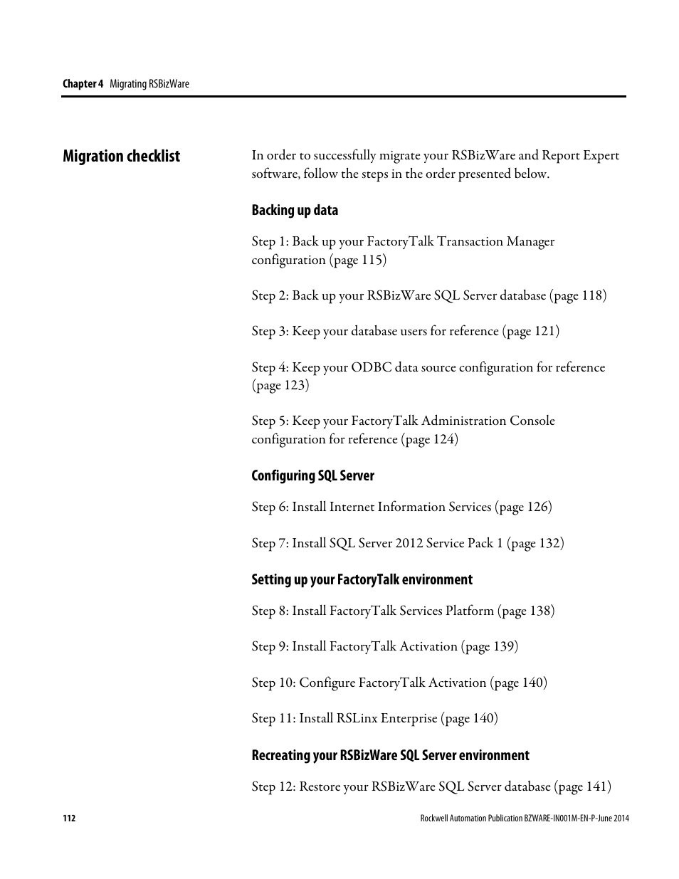 Migration checklist | Rockwell Automation RSBizWare Administration Guide User Manual | Page 112 / 312