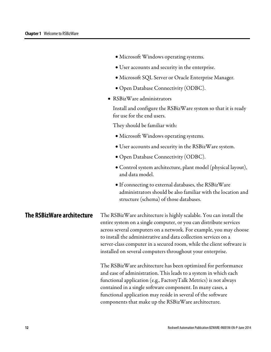 The rsbizware architecture | Rockwell Automation RSBizWare Administration Guide User Manual | Page 12 / 312