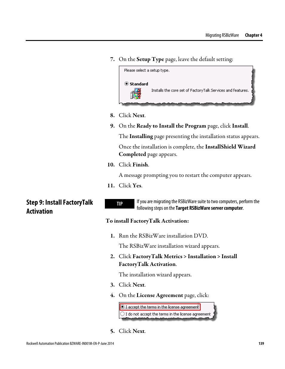 Step 9: install factorytalk activation | Rockwell Automation RSBizWare Administration Guide User Manual | Page 139 / 312