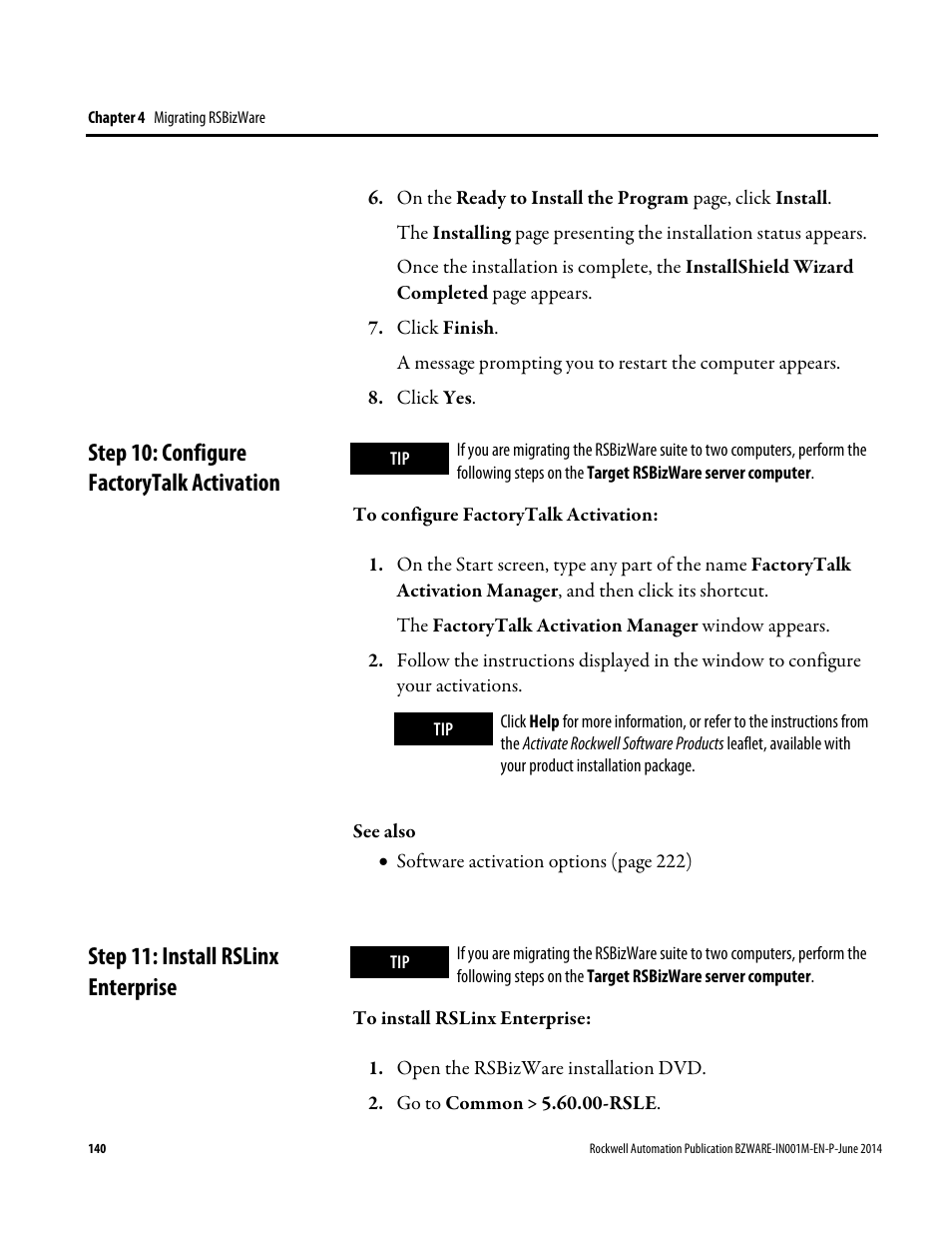 Step 10: configure factorytalk activation, Step 11: install rslinx enterprise, E 140) | Rockwell Automation RSBizWare Administration Guide User Manual | Page 140 / 312