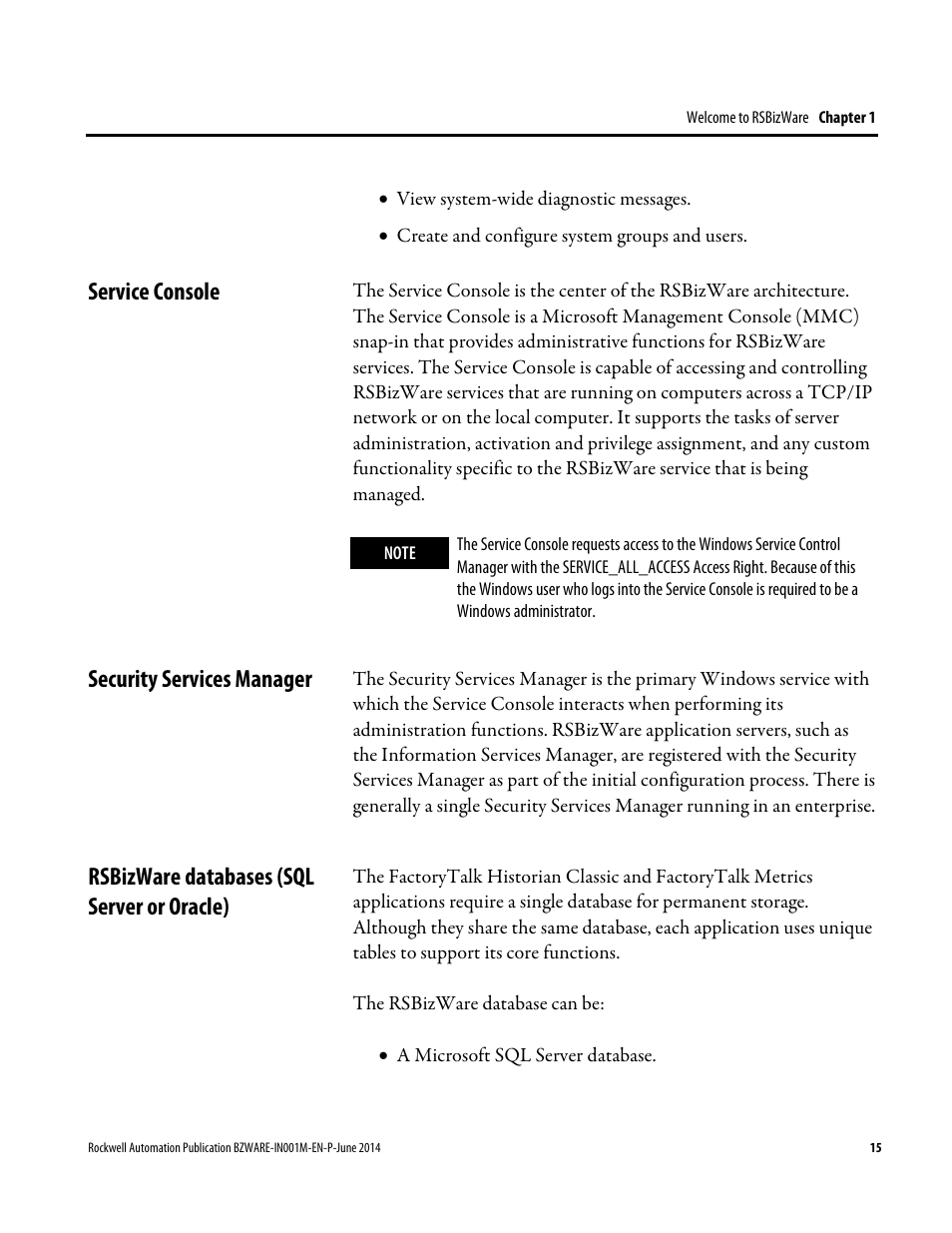 Service console, Security services manager, Rsbizware databases (sql server or oracle) | Rockwell Automation RSBizWare Administration Guide User Manual | Page 15 / 312