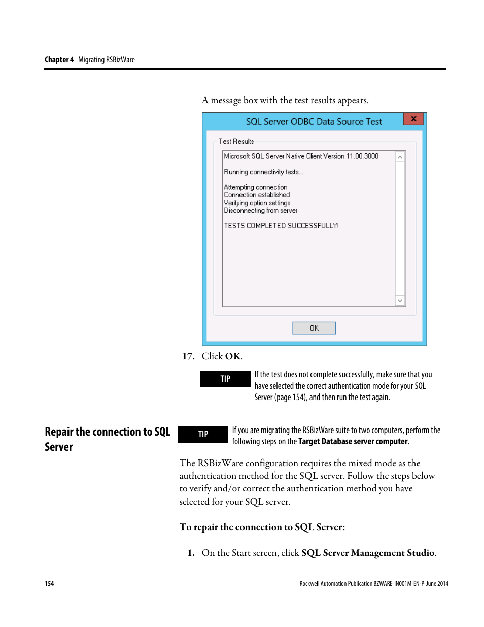 Repair the connection to sql server | Rockwell Automation RSBizWare Administration Guide User Manual | Page 154 / 312
