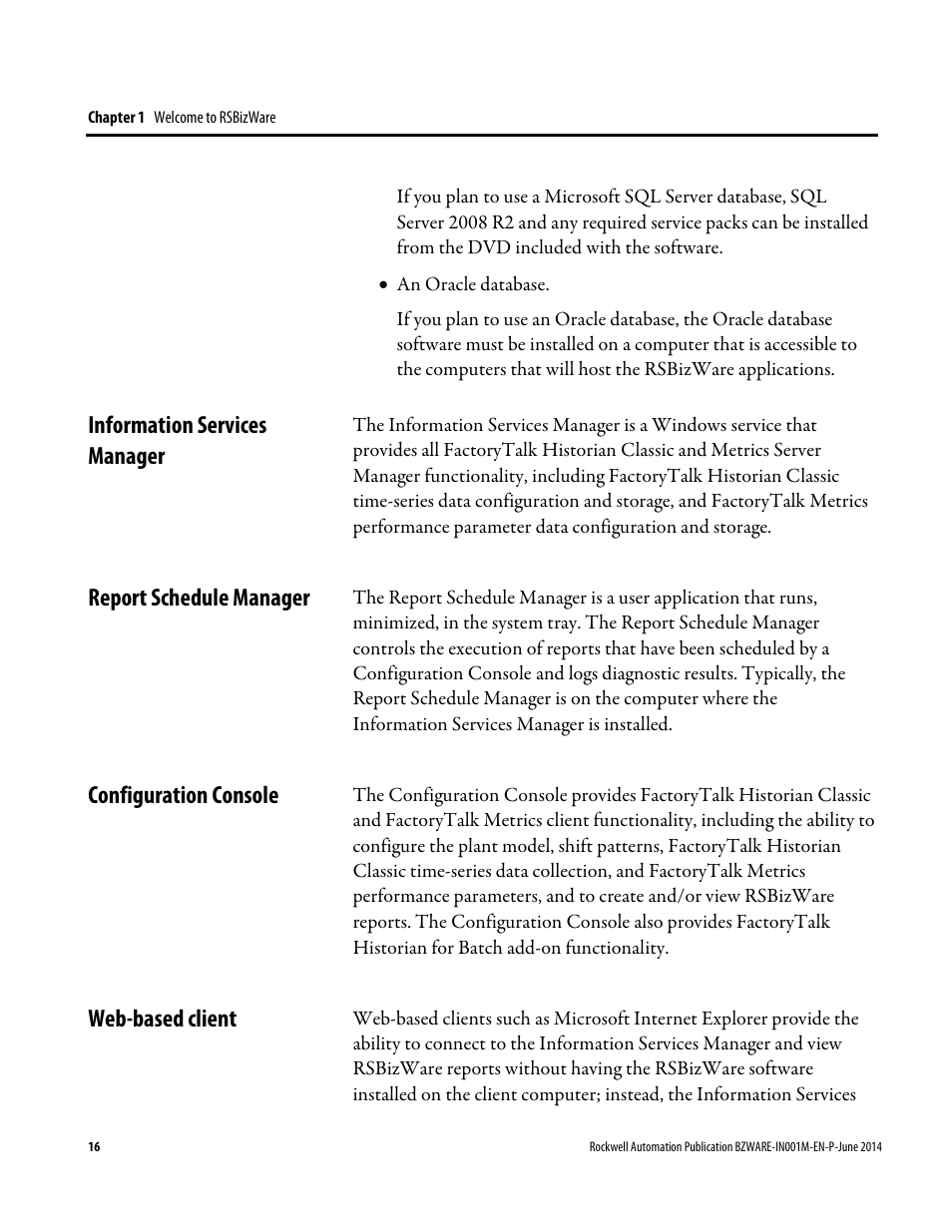 Information services manager, Report schedule manager, Configuration console | Web-based client | Rockwell Automation RSBizWare Administration Guide User Manual | Page 16 / 312