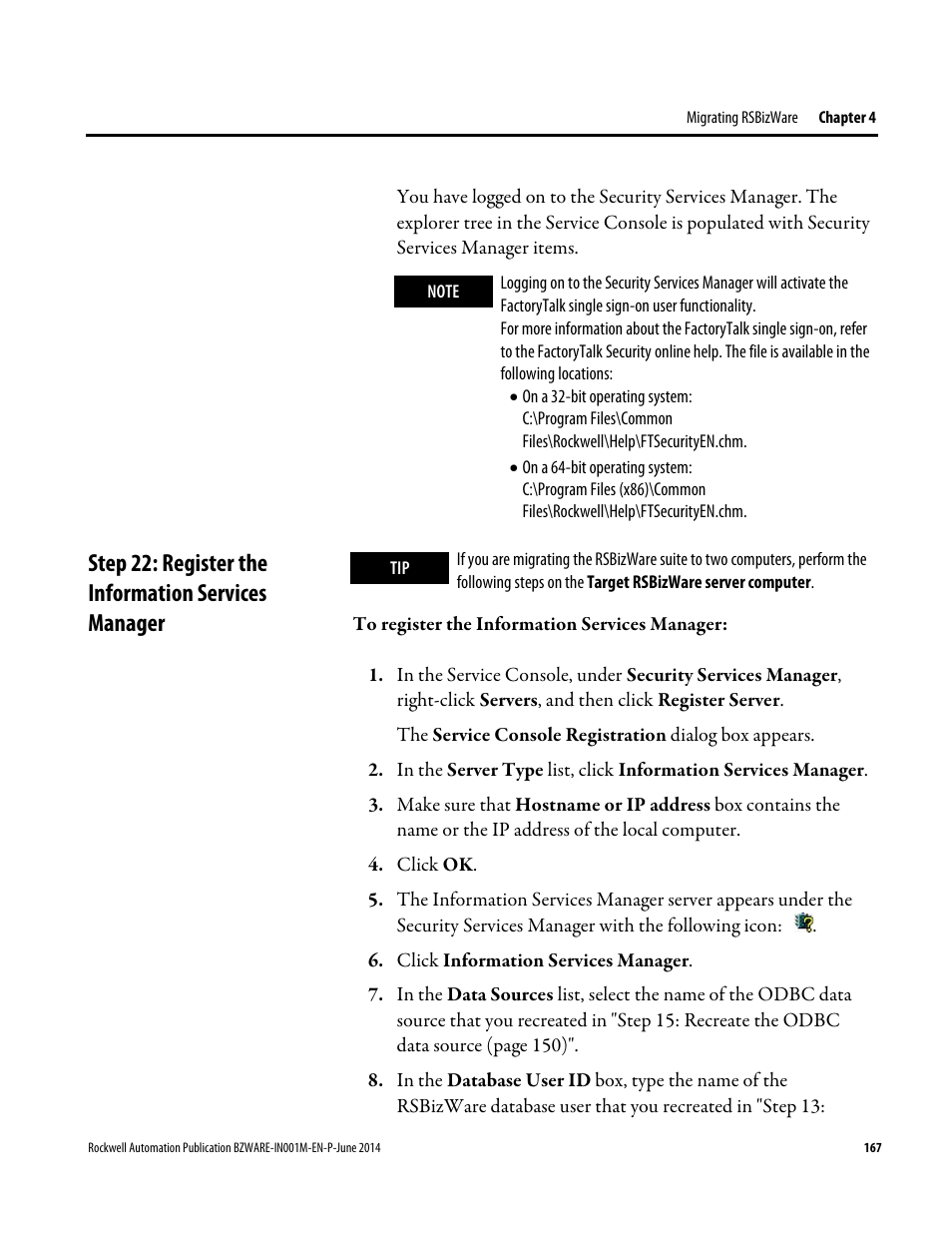 Step 22: register the information services manager | Rockwell Automation RSBizWare Administration Guide User Manual | Page 167 / 312