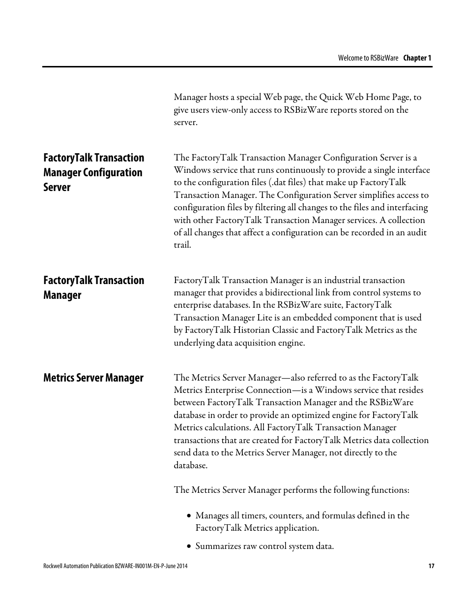 Factorytalk transaction manager, Metrics server manager | Rockwell Automation RSBizWare Administration Guide User Manual | Page 17 / 312