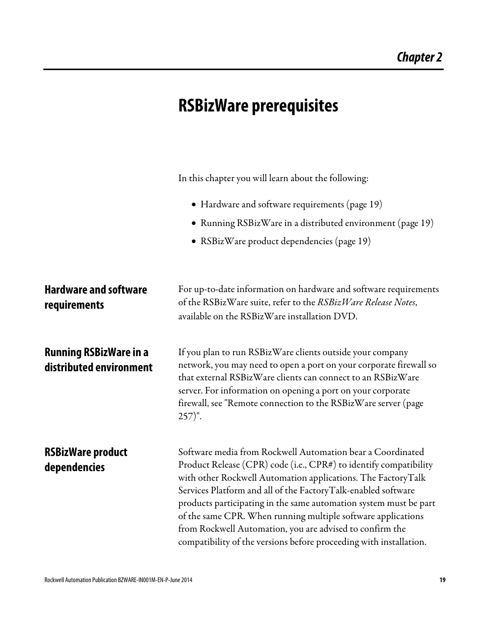 Rsbizware prerequisites, Hardware and software requirements, Running rsbizware in a distributed environment | Rsbizware product dependencies, Chapter 2 | Rockwell Automation RSBizWare Administration Guide User Manual | Page 19 / 312