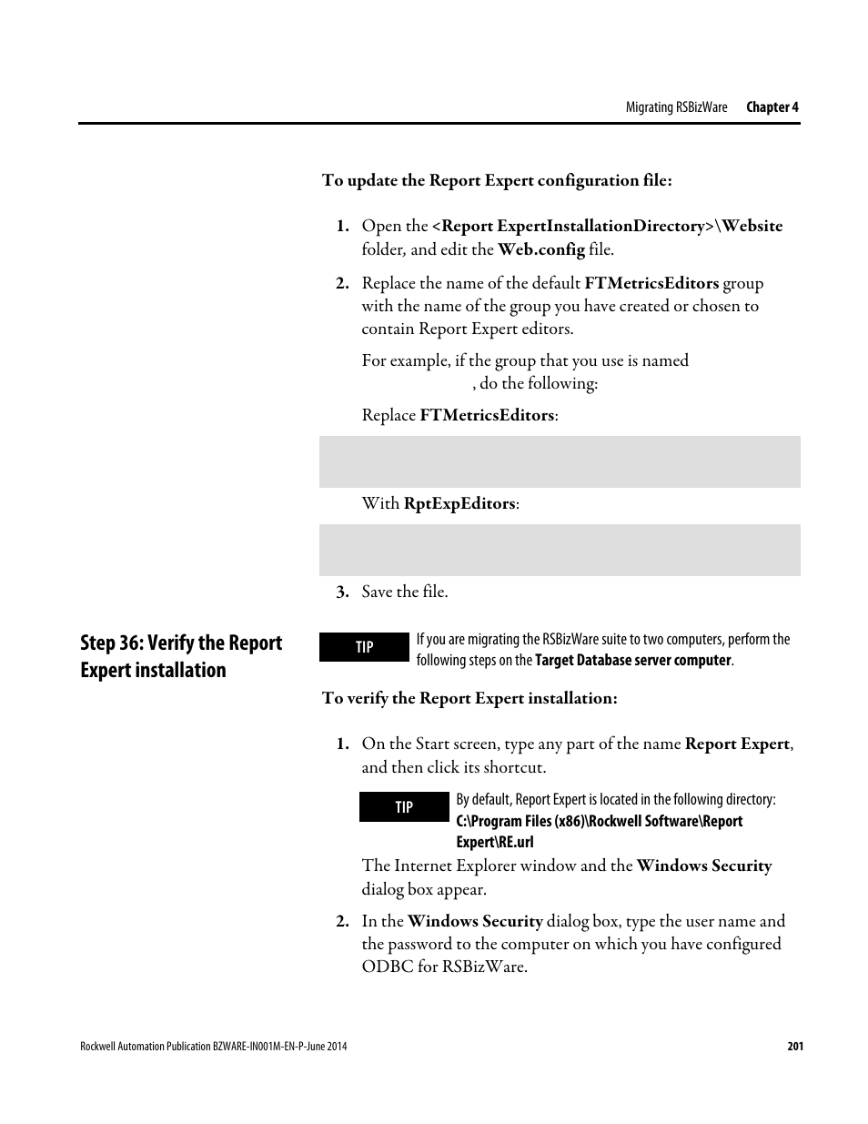 Step 36: verify the report expert installation, E 201) | Rockwell Automation RSBizWare Administration Guide User Manual | Page 201 / 312