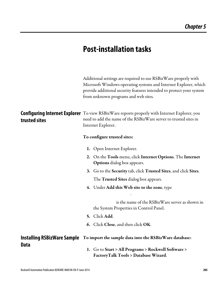 Post-installation tasks, Configuring internet explorer trusted sites, Installing rsbizware sample data | Chapter 5 | Rockwell Automation RSBizWare Administration Guide User Manual | Page 205 / 312