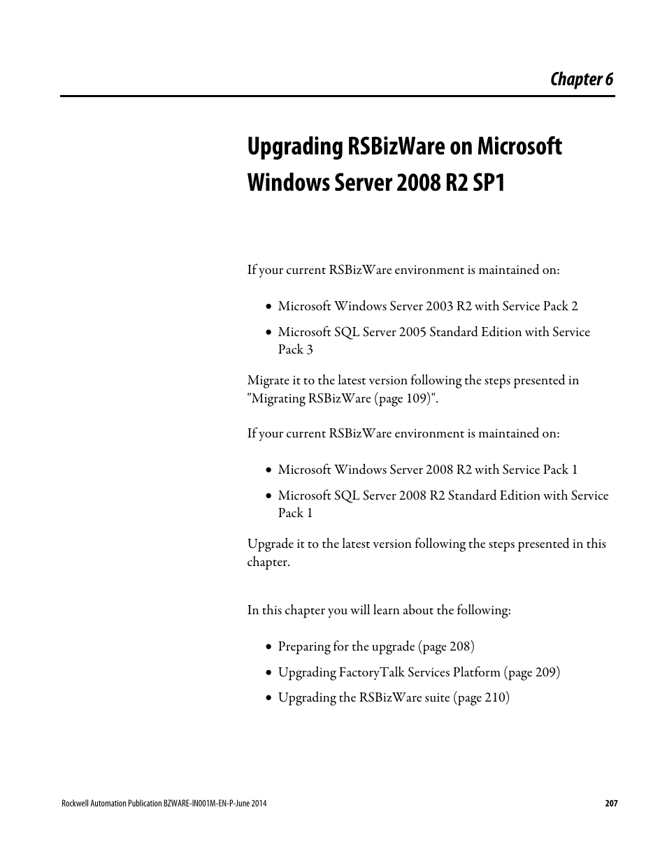 Chapter 6, Upgrading rsbizware on, Microsoft windows server 2008 | R2 sp1 | Rockwell Automation RSBizWare Administration Guide User Manual | Page 207 / 312