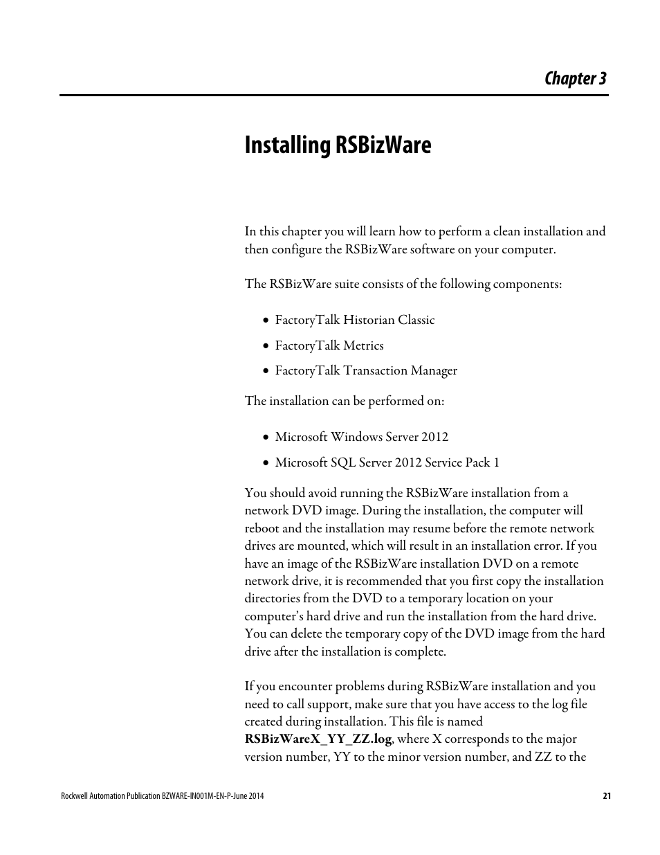 Installing rsbizware, Chapter 3 | Rockwell Automation RSBizWare Administration Guide User Manual | Page 21 / 312