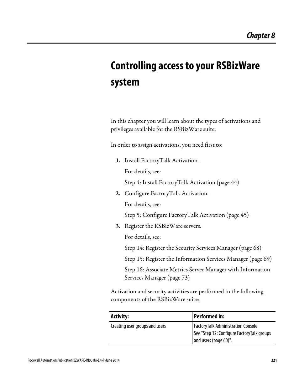 Controlling access to your rsbizware system, Chapter 8, Controlling access to your | Rsbizware system | Rockwell Automation RSBizWare Administration Guide User Manual | Page 221 / 312