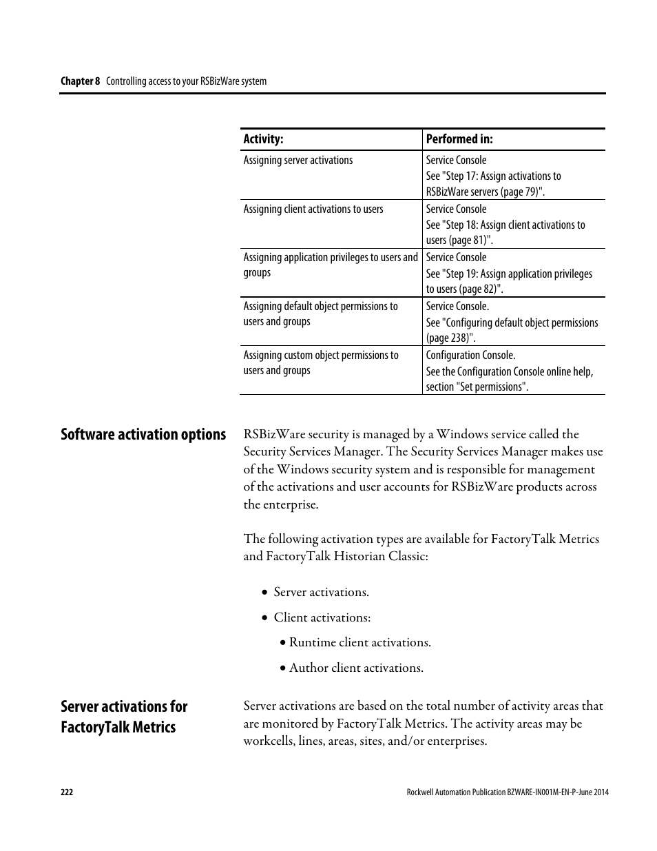 Software activation options, Server activations for factorytalk metrics | Rockwell Automation RSBizWare Administration Guide User Manual | Page 222 / 312