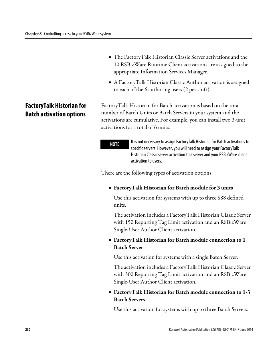 Factorytalk historian for batch activation options | Rockwell Automation RSBizWare Administration Guide User Manual | Page 230 / 312