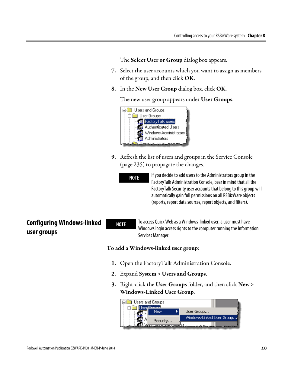 Configuring windows-linked user groups | Rockwell Automation RSBizWare Administration Guide User Manual | Page 233 / 312