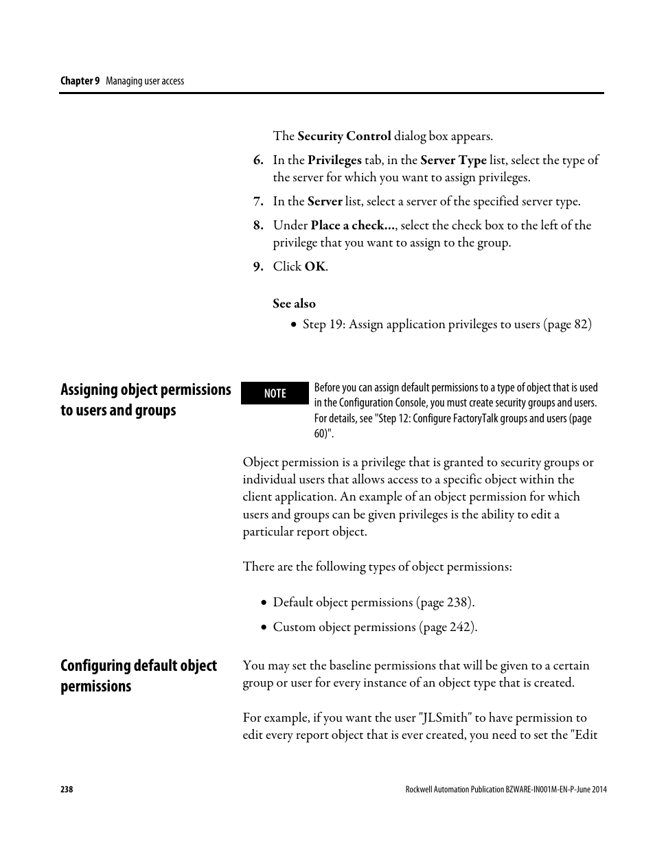 Assigning object permissions to users and groups, Configuring default object permissions, E 238) | Rockwell Automation RSBizWare Administration Guide User Manual | Page 238 / 312