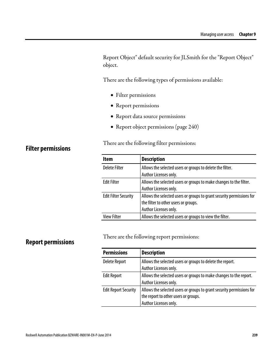 Filter permissions, Report permissions, Filter permissions report permissions | Rockwell Automation RSBizWare Administration Guide User Manual | Page 239 / 312