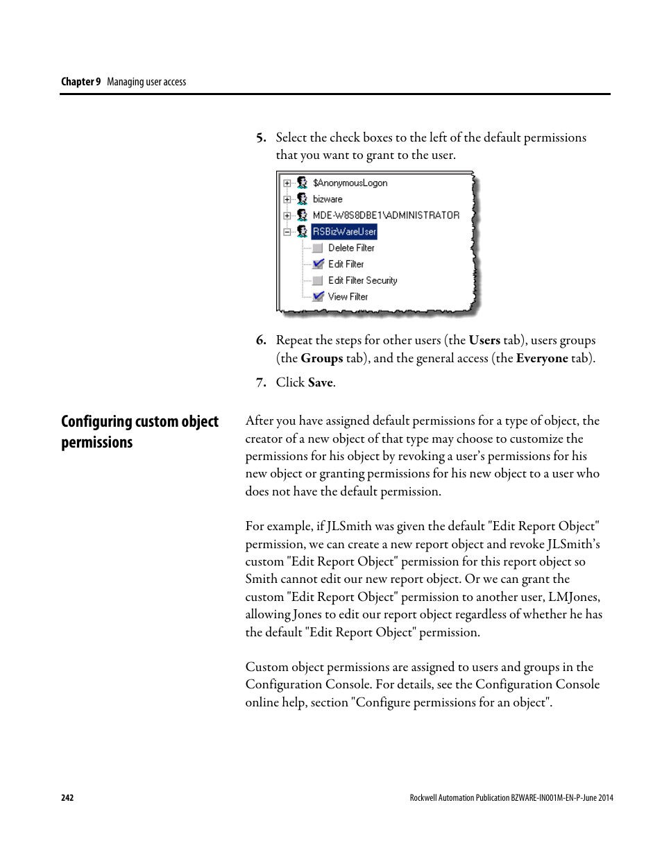 Configuring custom object permissions | Rockwell Automation RSBizWare Administration Guide User Manual | Page 242 / 312