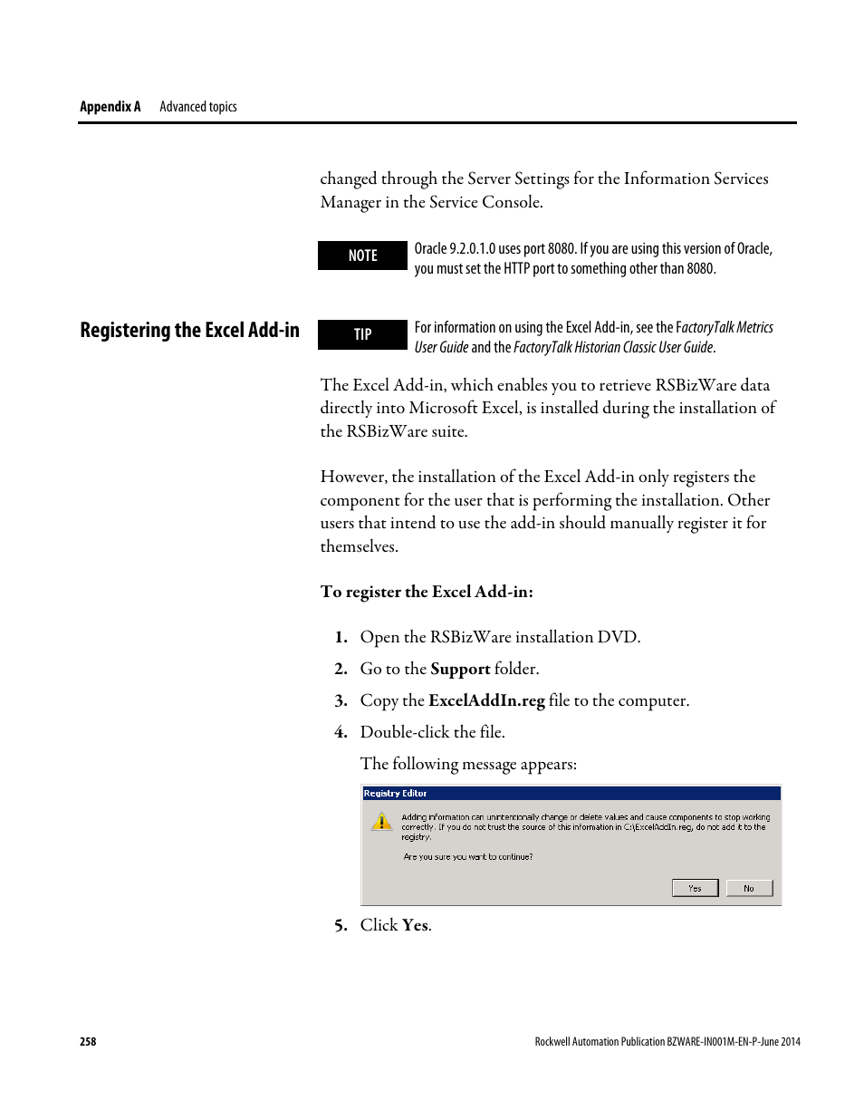 Registering the excel add-in | Rockwell Automation RSBizWare Administration Guide User Manual | Page 258 / 312