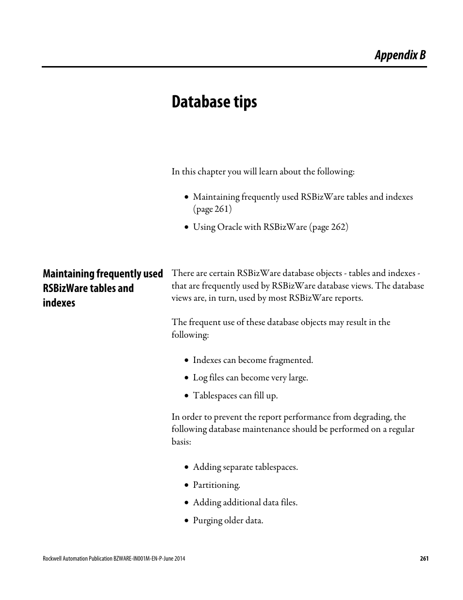 Database tips, Appendix b | Rockwell Automation RSBizWare Administration Guide User Manual | Page 261 / 312