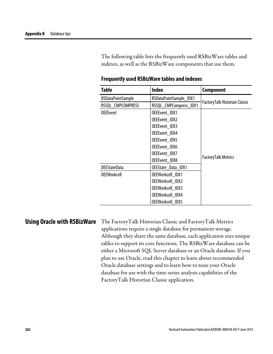 Using oracle with rsbizware, E 262) | Rockwell Automation RSBizWare Administration Guide User Manual | Page 262 / 312