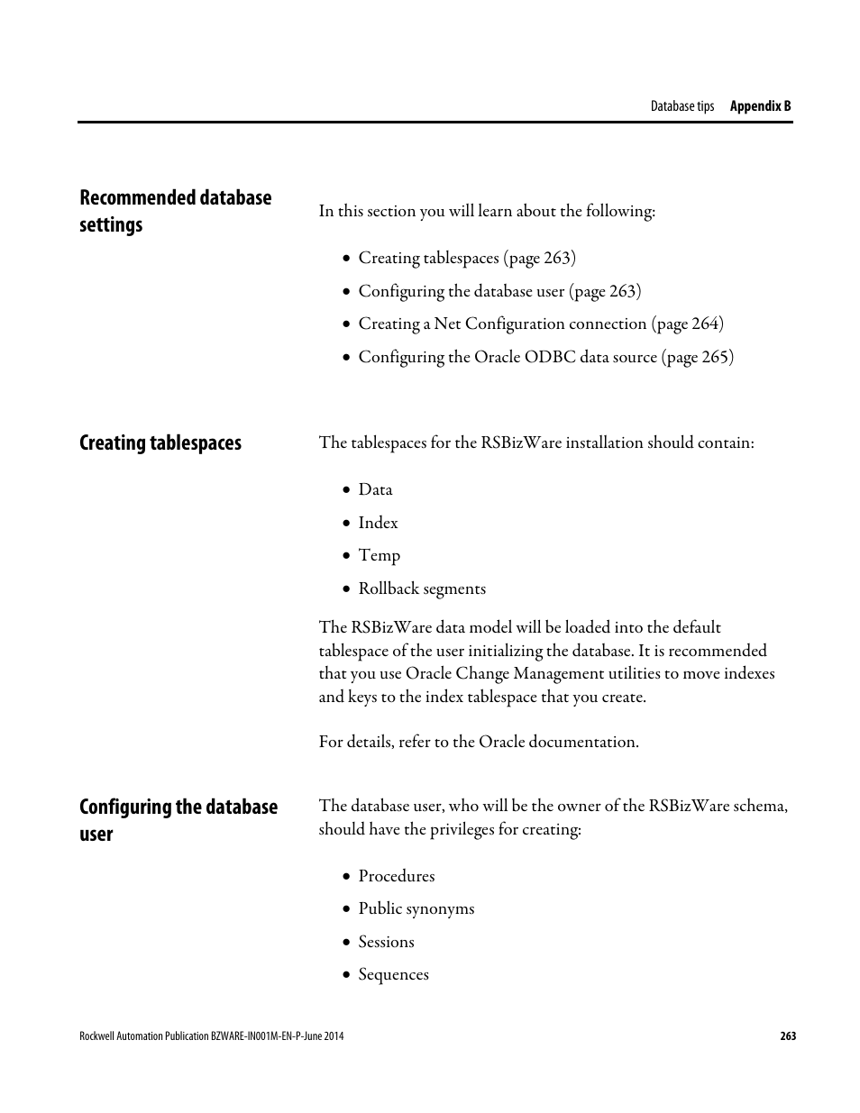 Recommended database settings, Creating tablespaces, Configuring the database user | Rockwell Automation RSBizWare Administration Guide User Manual | Page 263 / 312