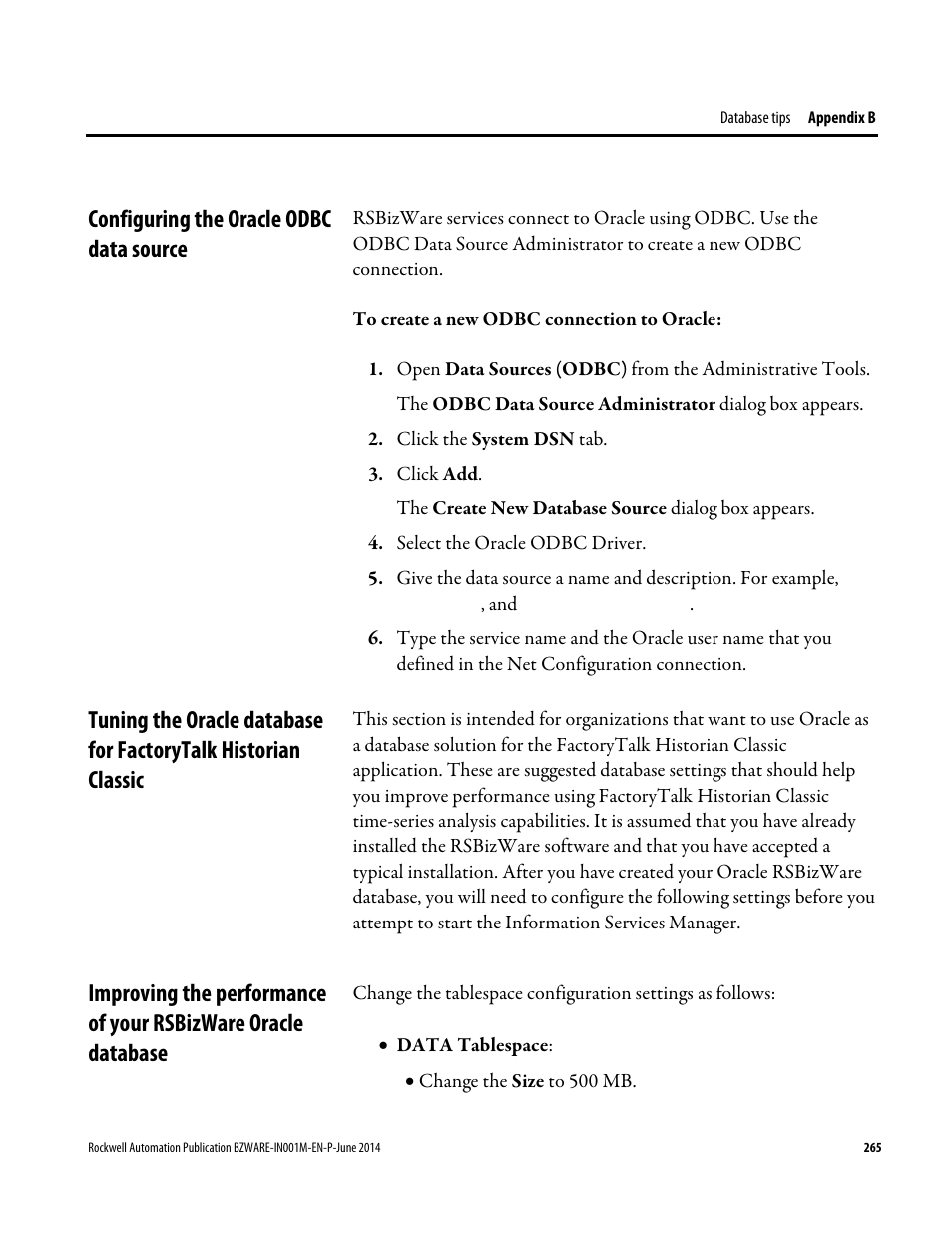 Configuring the oracle odbc data source, E 265) | Rockwell Automation RSBizWare Administration Guide User Manual | Page 265 / 312