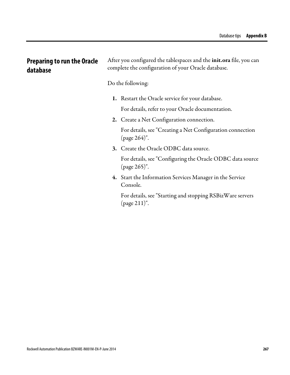 Preparing to run the oracle database | Rockwell Automation RSBizWare Administration Guide User Manual | Page 267 / 312