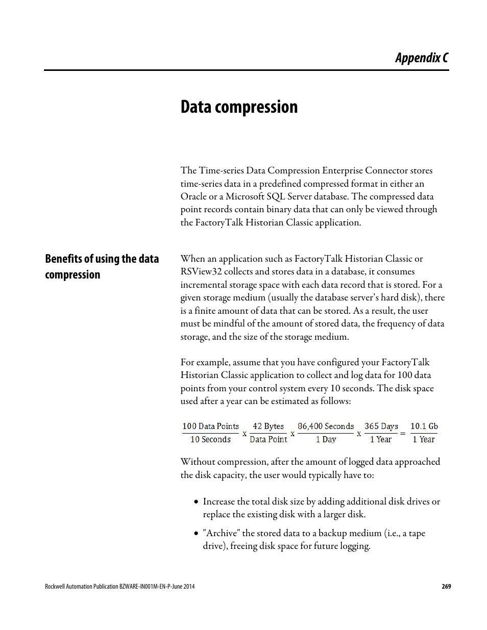 Data compression, Benefits of using the data compression, Appendix c | Rockwell Automation RSBizWare Administration Guide User Manual | Page 269 / 312