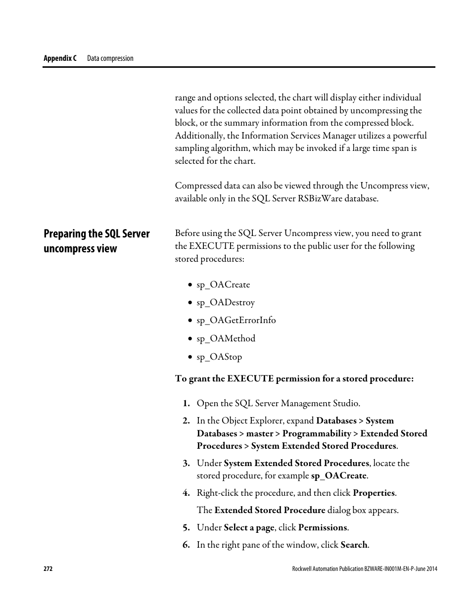 Preparing the sql server uncompress view | Rockwell Automation RSBizWare Administration Guide User Manual | Page 272 / 312